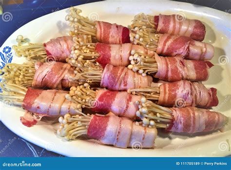 Bacon Wrapped Enoki Mushroom Ready To Grill Stock Image Image Of