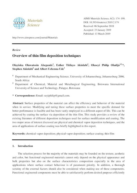 Pdf Overview Of Thin Film Deposition Techniques Physical Vapour