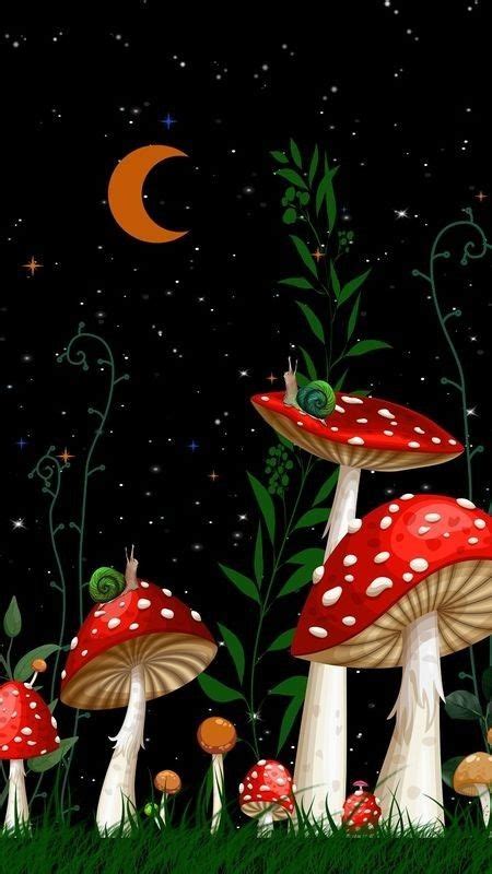 Three Mushrooms In The Grass At Night With Stars And Moon Behind Them