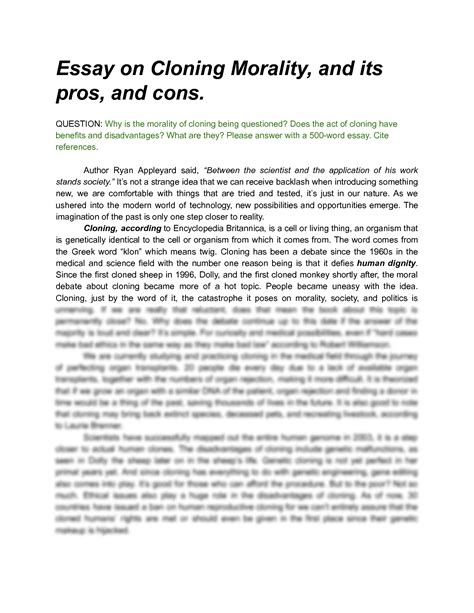 Solution Essay Cloning Morality Its Pros And Cons Studypool