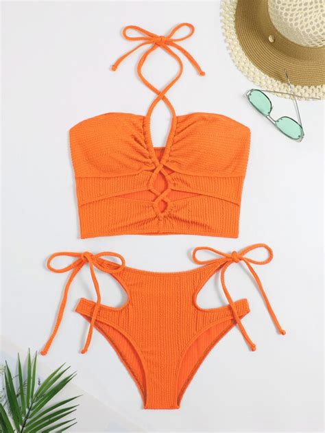 SHEIN SHEIN Swim SXY Cut Out Lace Up Front Halter High Waisted Bikini