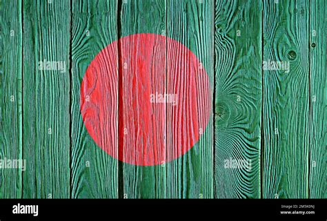 Bangladesh Flag Painted On Old Wood Plank Background Brushed Natural