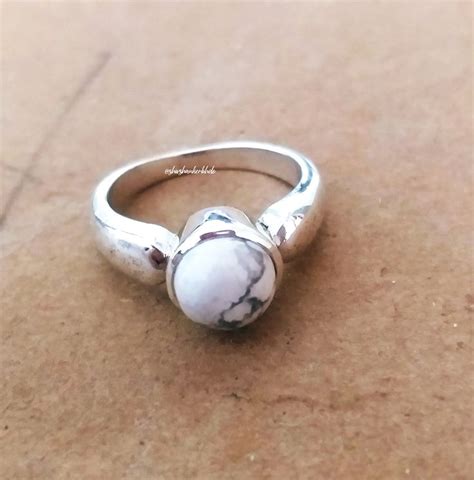 White Howlite Ring Silver Ring Circle Stone Ring Etsy