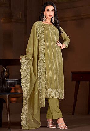 Embroidered Organza Pakistani Suit In Light Brown Kjr