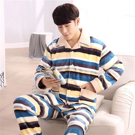 Mens Korean Striped Fleece Home Pyajamas Winter New Flannel Warm