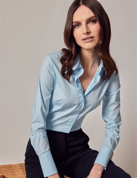 Women S Ice Blue Fitted Cotton Stretch Shirt With Concealed Placket