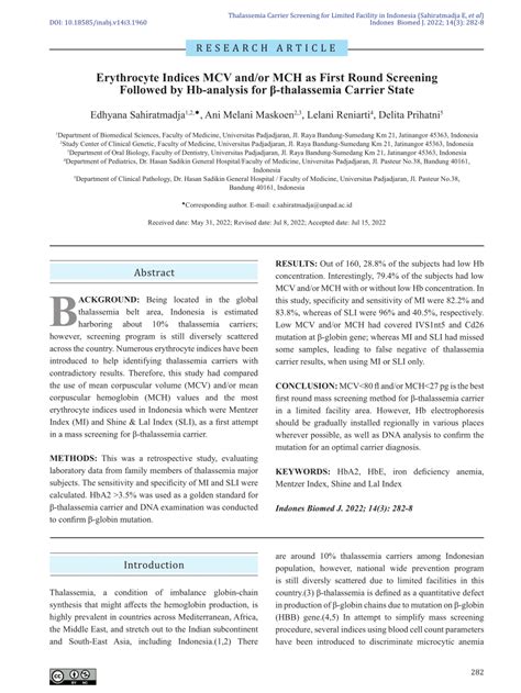 PDF Erythrocyte Indices MCV And Or MCH As First Round Screening