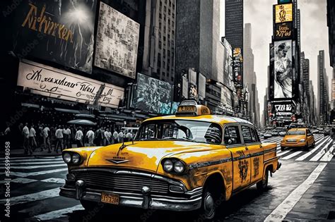 New York Yellow Cab Taxi On Times Square Illustration Wallpaper