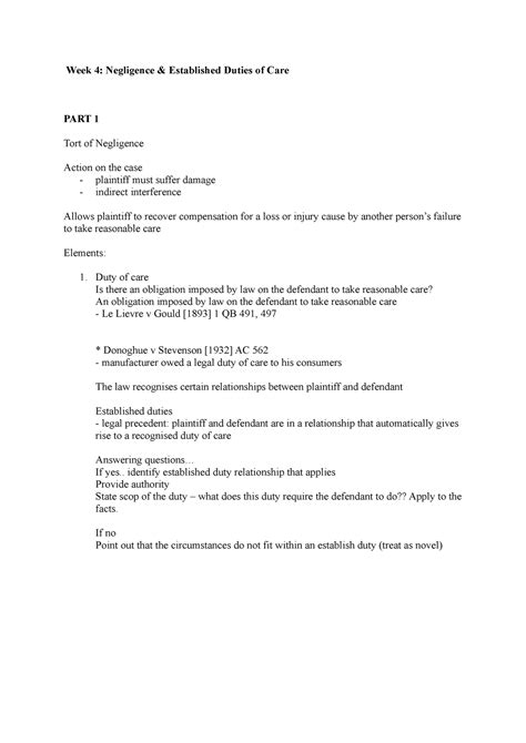 Negligence Week Lecture Notes Week Week Negligence