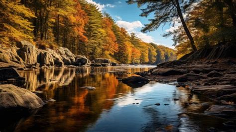 Inlet Autumn Splendor Uhd Image Of A River In Fall Colors Stock