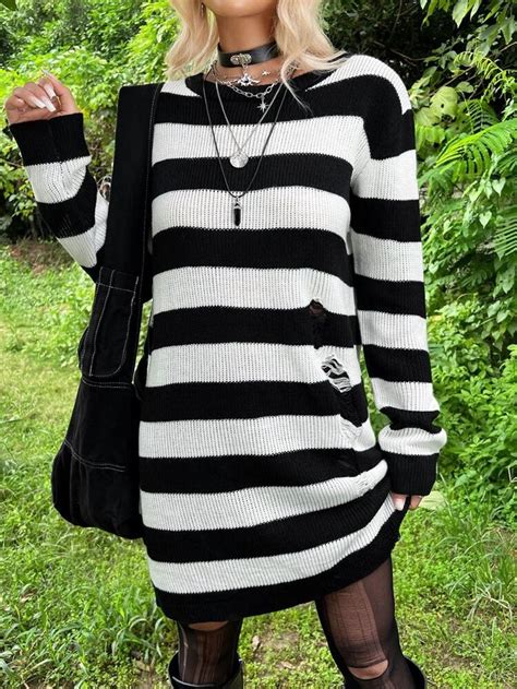 Romwe Punk Grunge Stripe Pattern Ripped Drop Shoulder Sweater Dress