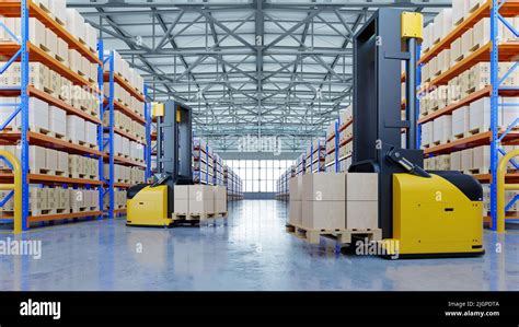 Modern Warehouse With AGV Forklifts And High Shelves 3d Rendering Stock