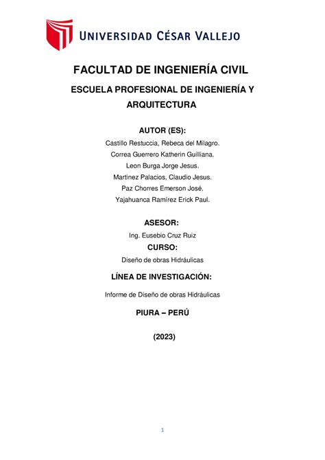 Informe Dise O De Obras Hidraulicas Facultad De Ingenier A Civil