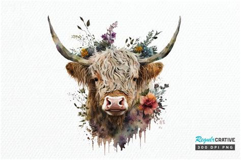 Watercolor Floral Highland Cow Png Clipa