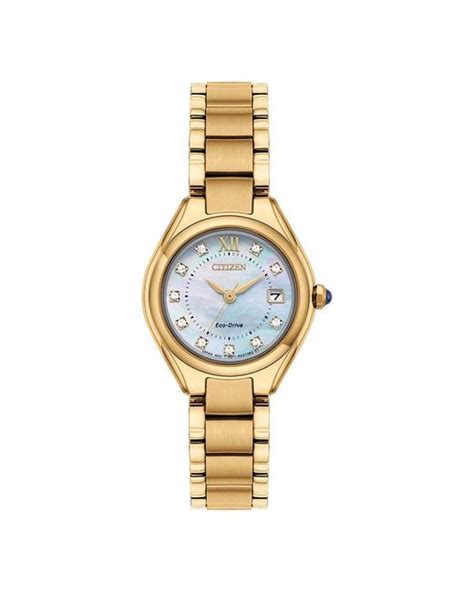 Citizen Ladies Eco Drive Silhouette Mother Of Pearl Crystal Dial Bracelet Watch In Gold