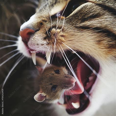 Katze mit Maus im geöffneten Maul Nahaufnahme als Poster ai generativ