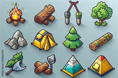 Flat Design Camping Icons Tents Campfires And Hiking Gear Set Stock