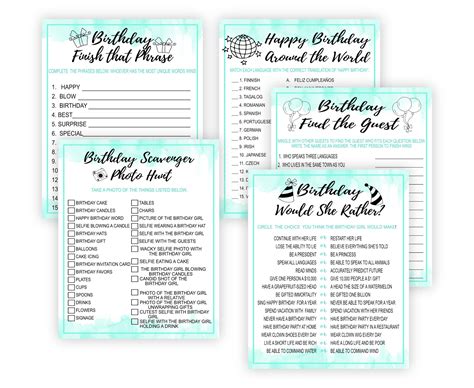 Mint And Black Birthday Party Games Bundle Printables Depot