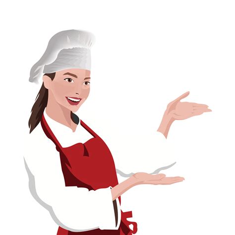 Woman Chef Wearing A White Coat Red Apron And A Kitchen Hood On Her