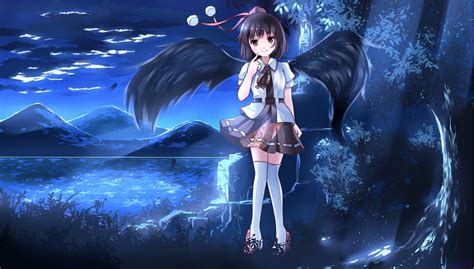 Wallpaper Illustration Night Anime Girls Short Hair Wings Touhou