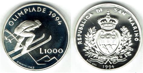 1000 Lire San Marino Silver Commemorative Coin 1994 Lillehammer