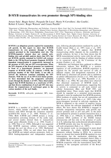 Pdf B Myb Transactivates Its Own Promoter Through Sp1 Binding Sites