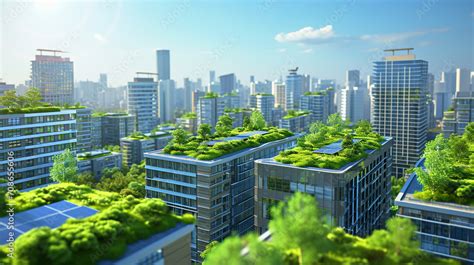 Green Roof And Solar Panels A Cityscape View Showcasing Buildings With