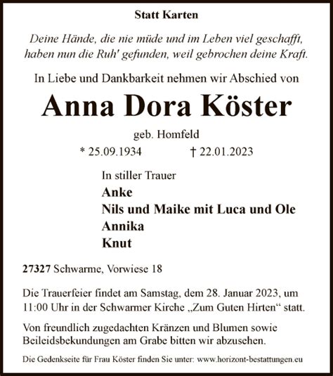 Traueranzeigen von Anna Dora Köster trauer kreiszeitung de