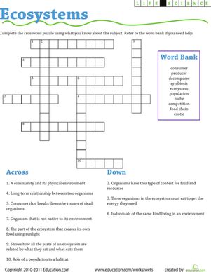 Life Science Crossword Ecosystems Worksheet Education