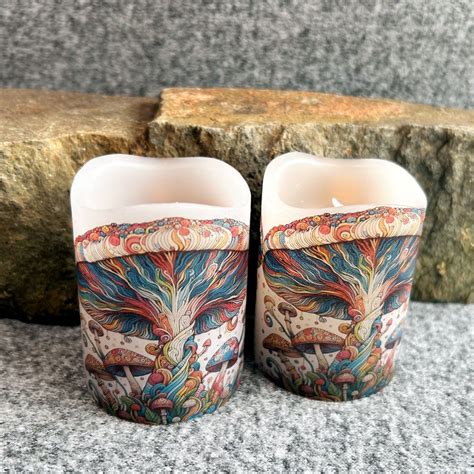 Psychadelic Mushrooms Real Wax Flameless Votive Pair Colorful