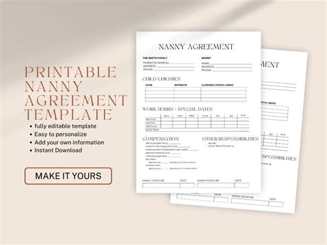 Nanny Agreement Editable Nanny Contract Nanny Agreement Canva Template Etsy