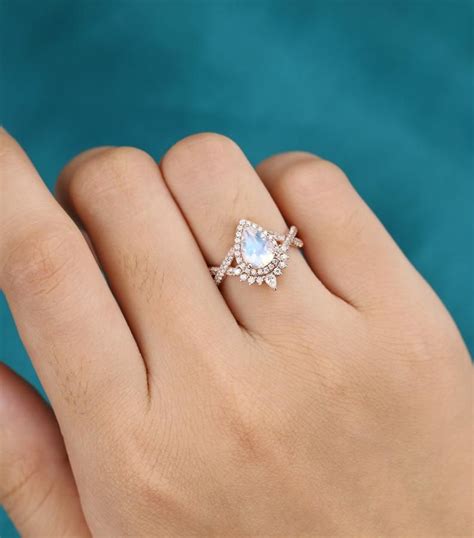 Pear Shaped Moonstone Engagement Ring For Women Rose Gold Engagement