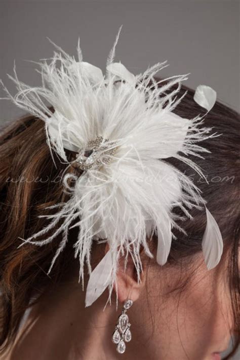 Bridal Feather Head Piece Soft White Or Ivory Swarovski Rhinestone Center Wedding Hair