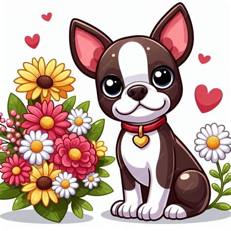 Premium Vector Cute Boston Terrier Dogs And Flower Vector Cartoon