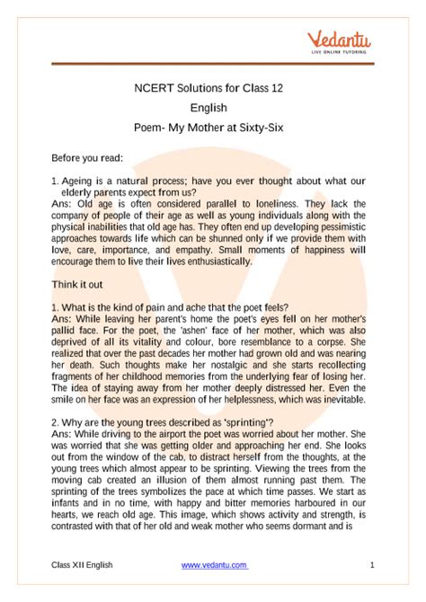 Ncert Solutions For Class 12 English Flamingo Chapter 1 My Mother At Sixty Six