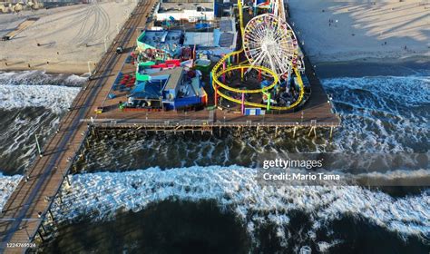 An aerial view of the shuttered Santa Monica Pier on Santa Monica ...