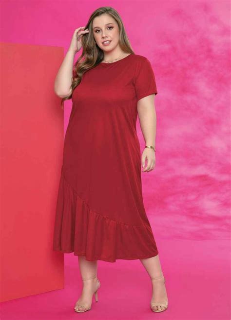 Vestido Vermelho Babado Assim Trico Plus Size Marguerite