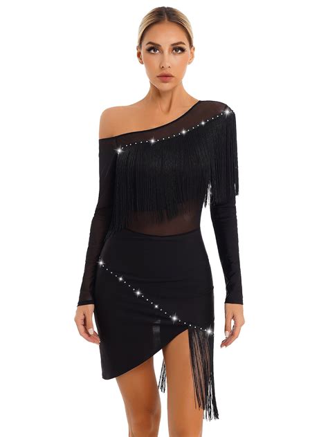 Dpois Women Sequins Tassel Dance Dress Latin Ballroom Asymmetric Dance