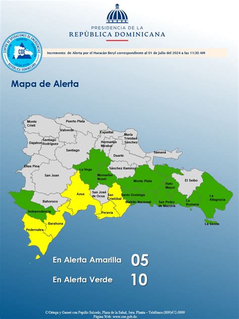 COE Aumenta A 9 Provincias En Alerta Verde Y Mantiene 5 En Amarilla Por