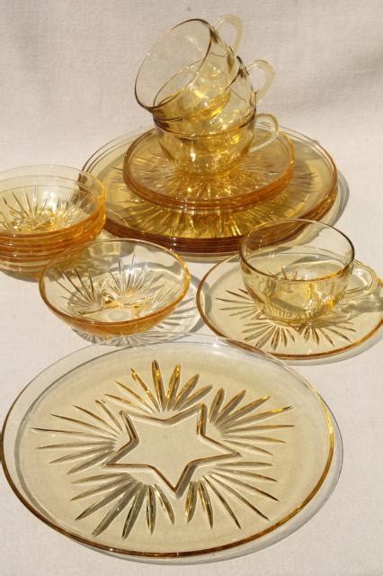 Vintage Federal Glass Star Pattern Dishes Yellow Amber Glass Dinner