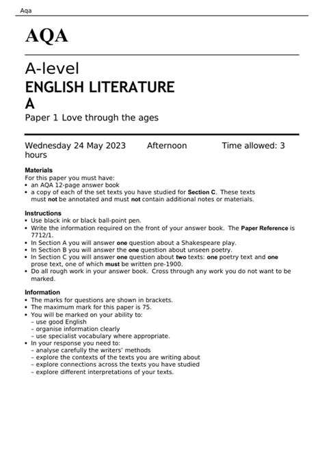 Aqa A Level English Literature A Paper 1 June 2023 Question Paper Love