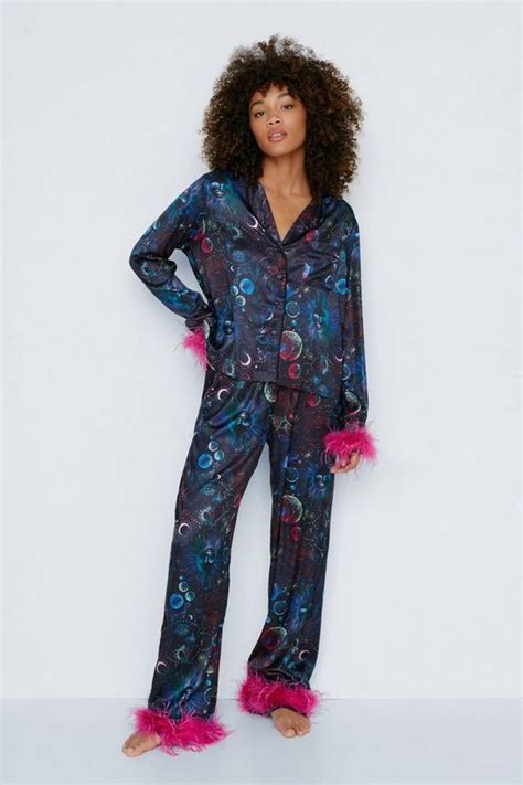 Astrology Satin Feather Pajama Pants Set Nasty Gal