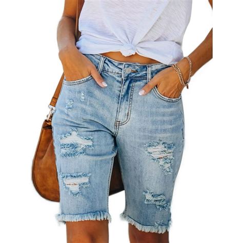 Capreze Women Summer Ripped Hole High Waist Casual Short Jeans