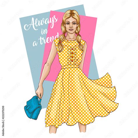 Beautiful young girl in fashionable yellow dress and with handbag. Yellow dress with pattern ...