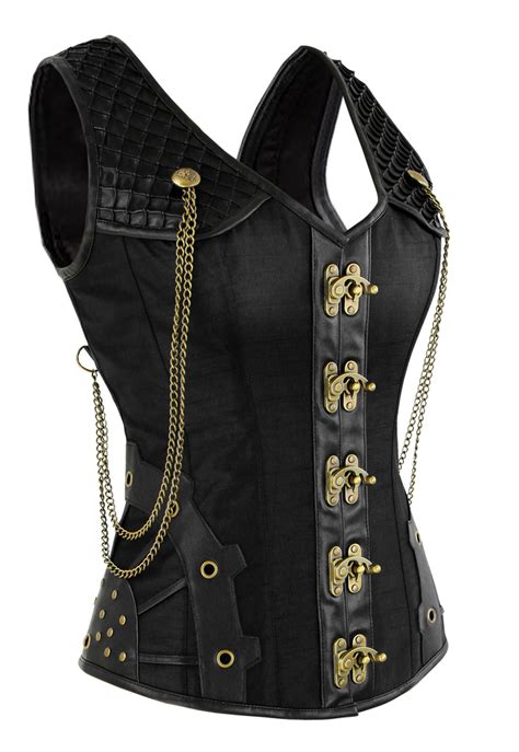 Steel Boned Gothic Steampunk Black Weave Faux Leather Overbust Corset