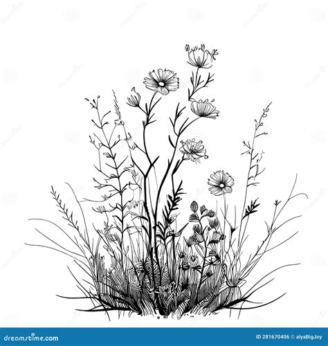 Field Of Wildflowers Sketch Hand Drawn In Doodle Style Vector