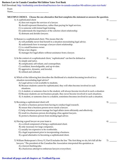 Business Law In Canada Canadian Th Edition Yates Test Bank By