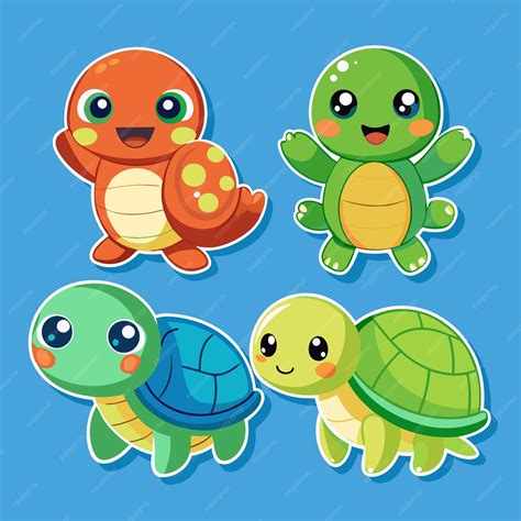 Four Cute Cartoon Turtles On A Blue Background Two Turtles Have Blue