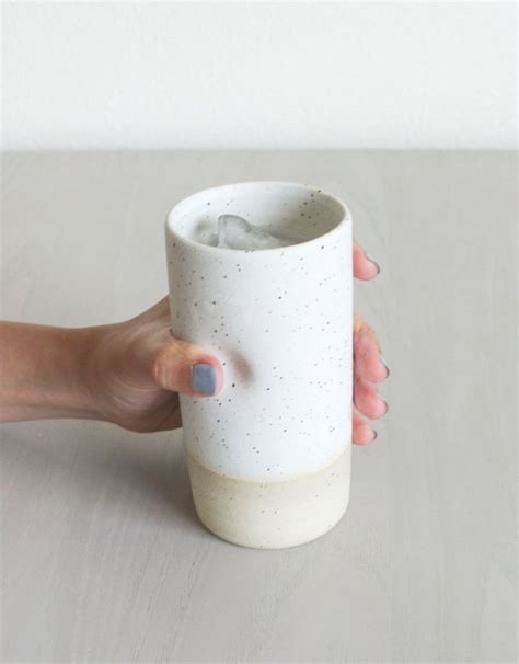 Tall Speckled Ceramic Cup With Thumb Hold Clay Pottery Dimpled