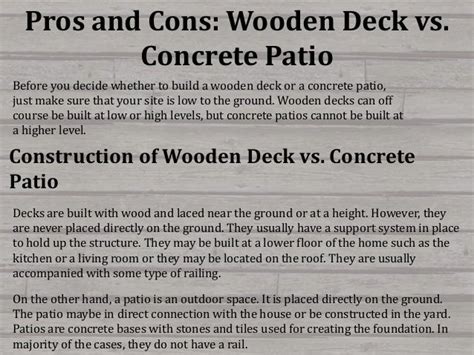 Pros and Cons: Wooden Deck vs. Concrete Patio.